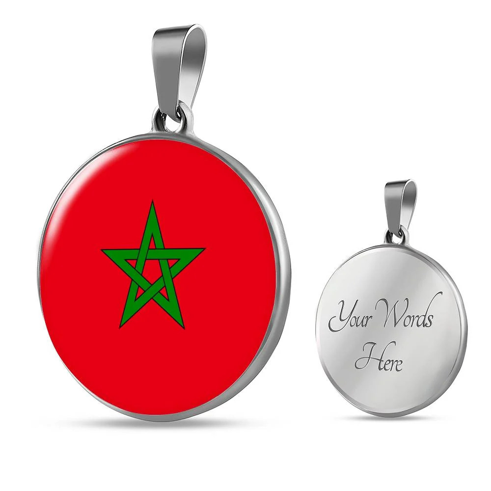 Morocco Flag Necklace Moroccan Circle Pendant Necklace Stainless Steel 24 Inch